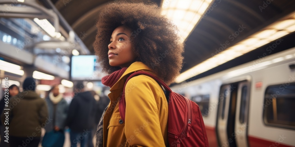 Back view portrait of young african american young woman with backpack waiting the train in metro, generative ai - obrazy, fototapety, plakaty 