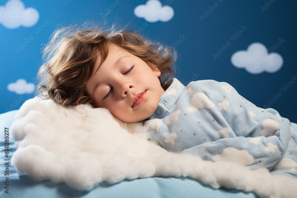 A child peacefully sleeping on a bed isolated on a soft blue gradient background A child peacefully sleeping on a bed isolated on a soft blue gradient background