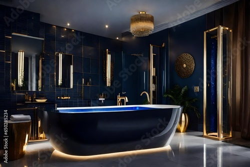 a spa-like bathroom retreat with a freestanding bathtub  natural stone tiles  and soothing ambient lighting  showcasing a luxurious palette of deep navy blue and shimmering gold accents. 