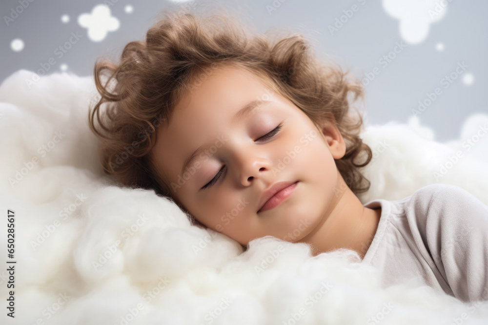 A child peacefully sleeping on a cloud isolated on a white background A child peacefully sleeping on a cloud isolated on a white background