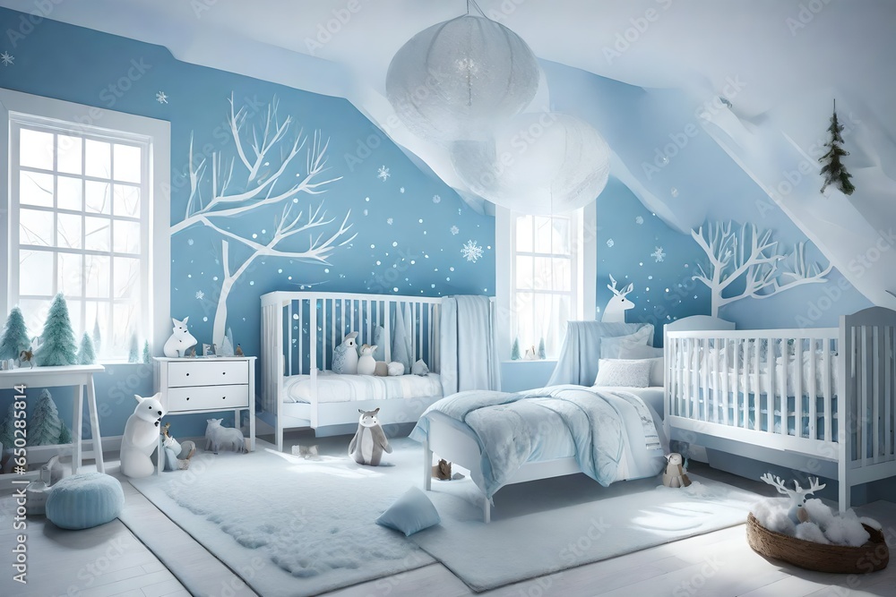 a winter wonderland kids' room with a woodland creatures and snowy landscape theme, featuring a color scheme of icy blues, soft grays, and woodland greens.  - obrazy, fototapety, plakaty 