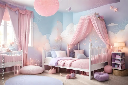 Murais de parede a whimsical kids' room inspired by fairy tales, with a color scheme of soft pastel pinks, lavender, and dreamy sky blue