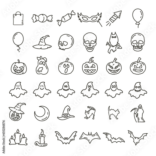 halloween line icon set with jack o lantern, witch, cat, candle