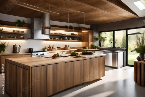 an eco-friendly and sustainable kitchen that incorporates natural materials and energy-efficient appliances. 