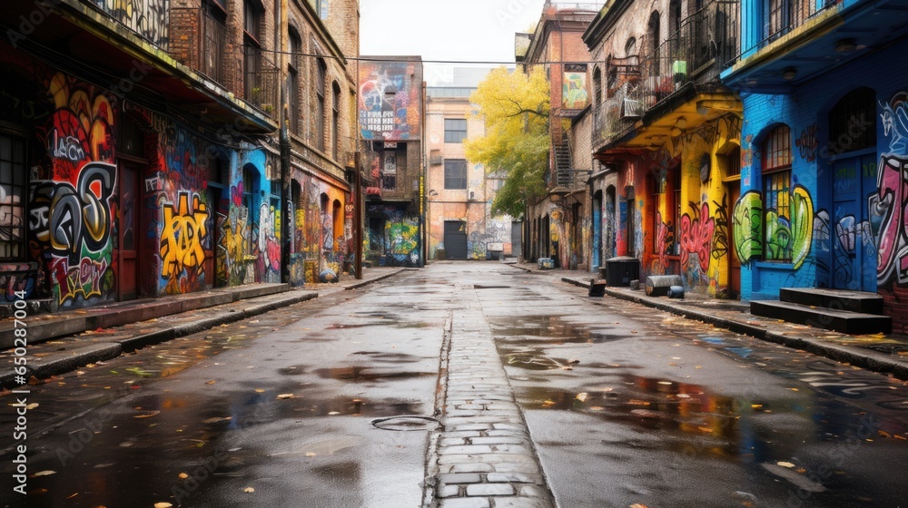 Narrow empty street perspective with living houses covered with colorful graffiti
