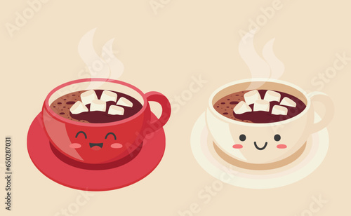 Red and white cups of hot cocoa with marshmallows.  Kawaii style. Cocoa and marshmallows. Vector illustration in flat style. Isolated on a light pink background.