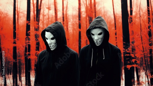 Two masked individuals in a mysterious orange forest © Artur Lipiński