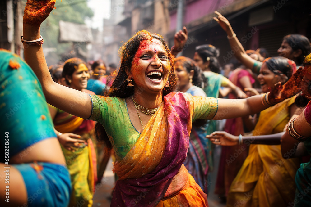 Fototapeta premium beautiful Indian women's dancing in street, Holi holiday