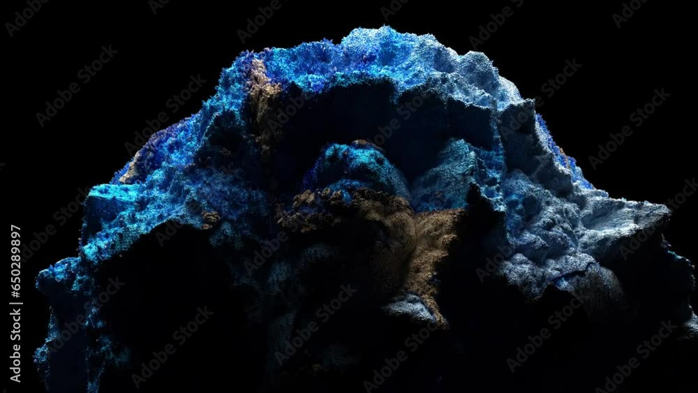 3d render of abstract art video animation with surreal mineral geology stone object ocean coral reef or asteroid in organic forms in deformation process in the dark in blue purple and white mix color 
