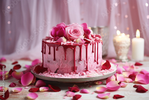A romantic homemade pink cake adorned with rose petals. Generative AI © barmaleeva