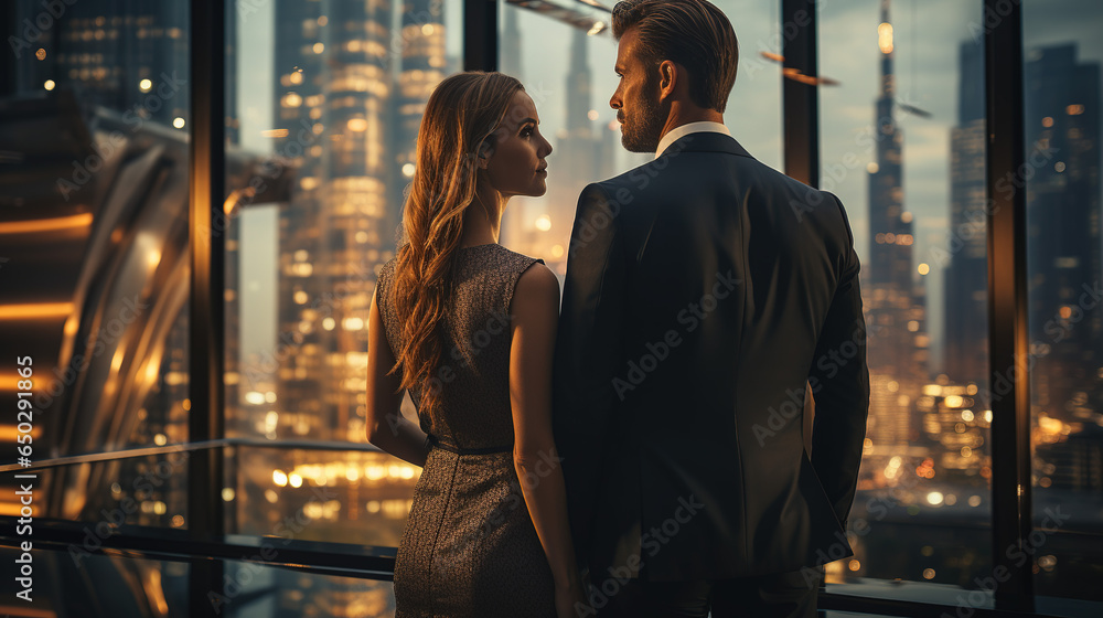 A successful busines couple looking out over the city from his high building office window. Successful business concept A successful busines couple looking out over the city from his high building office window. Successful business concept