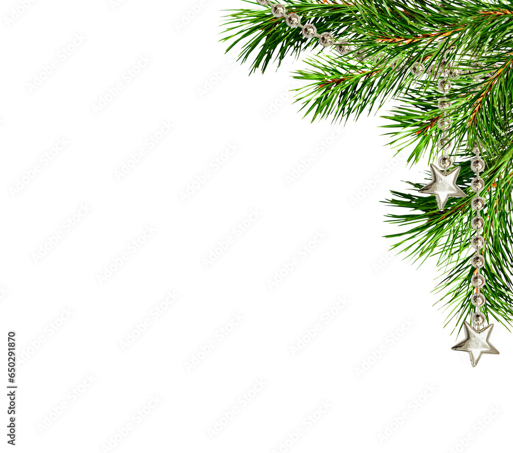 Christmas corner arrangement with green pine twigs and silver garland isolated on white or transparent background Christmas corner arrangement with green pine twigs and silver garland isolated on white or transparent background