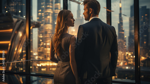 A successful busines couple looking out over the city from his high building office window. Successful business concept