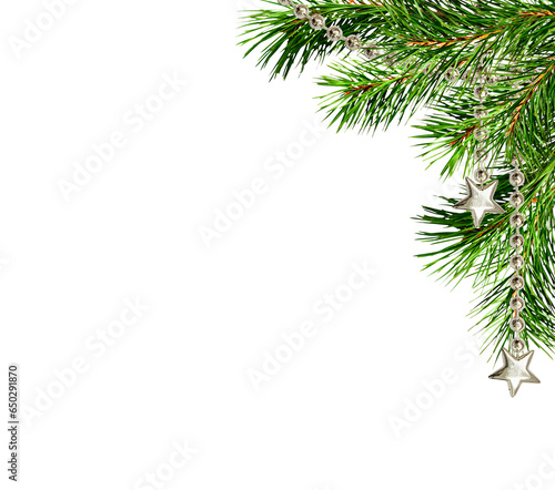 Christmas corner arrangement with green pine twigs and silver garland isolated on white or transparent background