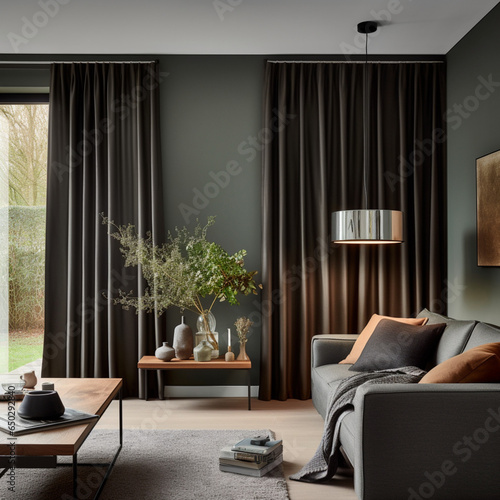 unique blend of functionality and style in a living room adorned with blackout curtains and minimalist Japandi furniture. Frame include blackout curtains closed