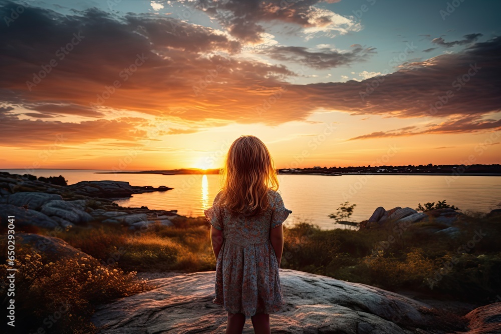 view back of child watching a beautiful sunset