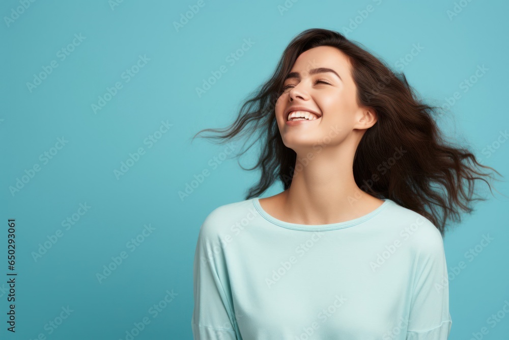 Caucasian Woman Blue Background Elated Setting Backdrop Generative AI Caucasian Woman Blue Background Elated Setting Backdrop Generative AI