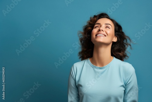 Caucasian Woman Blue Background Vibrant Setting Background Generative AI