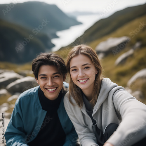 Dos jóvenes sonriendo en un paisaje con montañas y un gran lago  photo