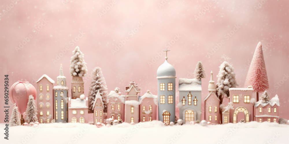 Cute pink winter town decoration with houses and trees covered in snow