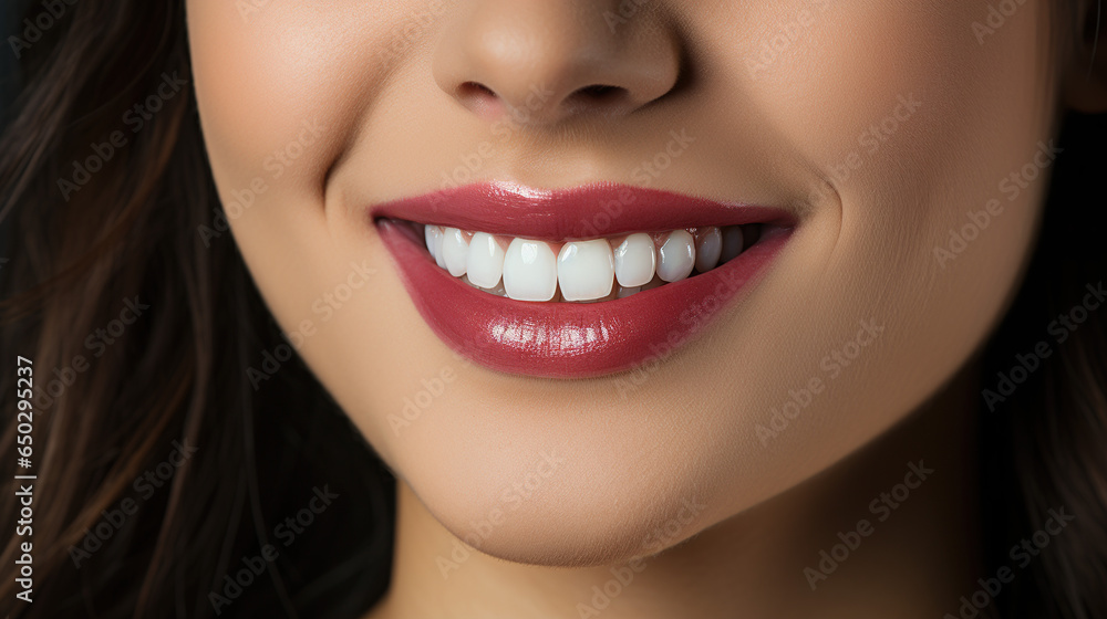 Fototapeta premium Close-up female mouth, beautiful teeth advertising banner background.