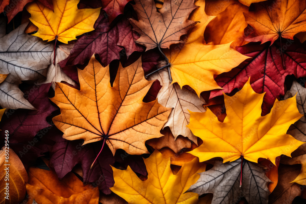 Colorful autumn forest floor leaves background with empty space for text 