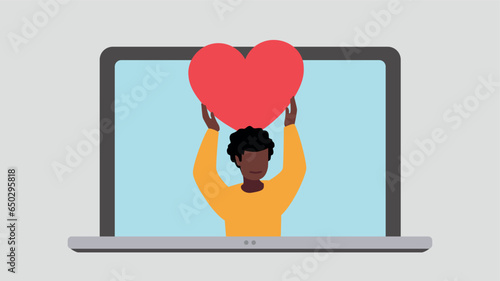 Laptop display with satisfied customer holding up a heart symbol
