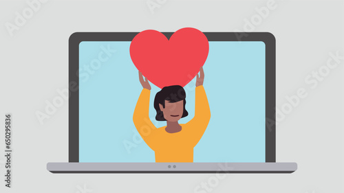Laptop display with satisfied customer holding up a heart symbol