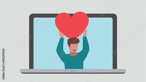Laptop display with satisfied customer holding up a heart symbol