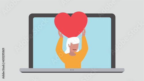 Laptop display with satisfied customer holding up a heart symbol