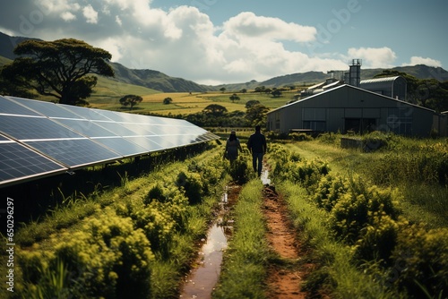 farmer couple walking on their farm with solar panels, sustainable farm, caring for the environment