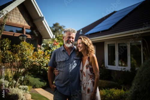beautiful couple standing outside their house, home with solar panels, house with ecological technology