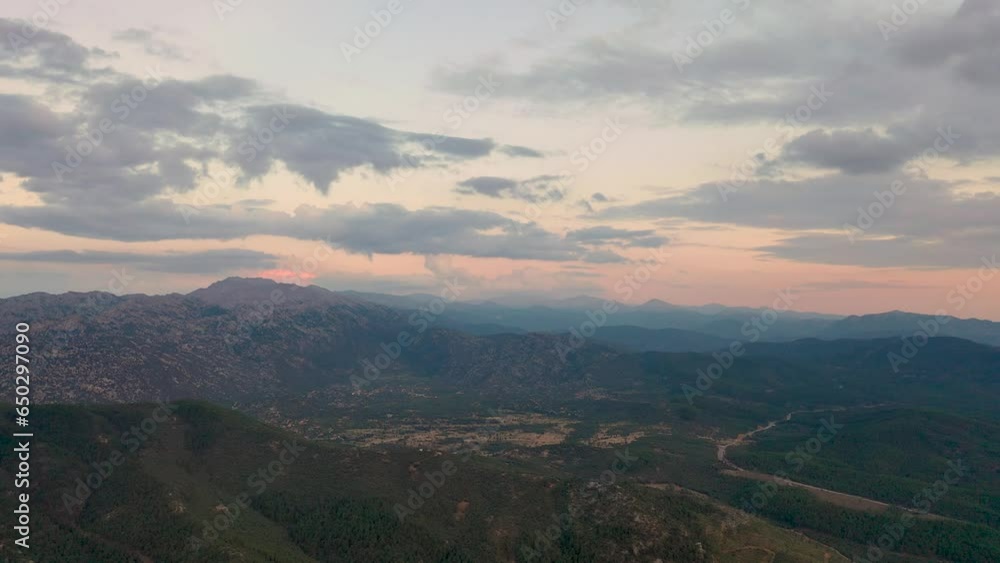 Aerial drone shot of green mountainous landscape against clear sky on a sunny day.Antalya, Turkey. Aerial drone shot of green mountainous landscape against clear sky on a sunny day.Antalya, Turkey.