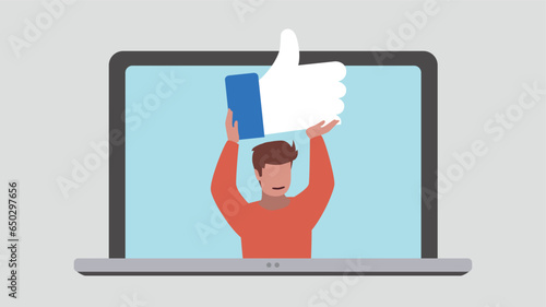 Laptop display with satisfied customer holding up a star