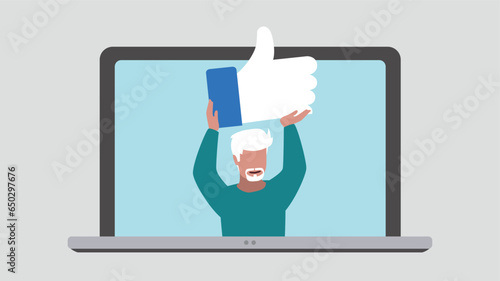 Laptop display with satisfied customer holding up a thumb up symbol
