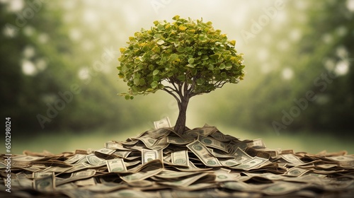 Money Blossoms. Tree Flourishing on a Pile of Cash for Investment and Financial Growth Concepts 