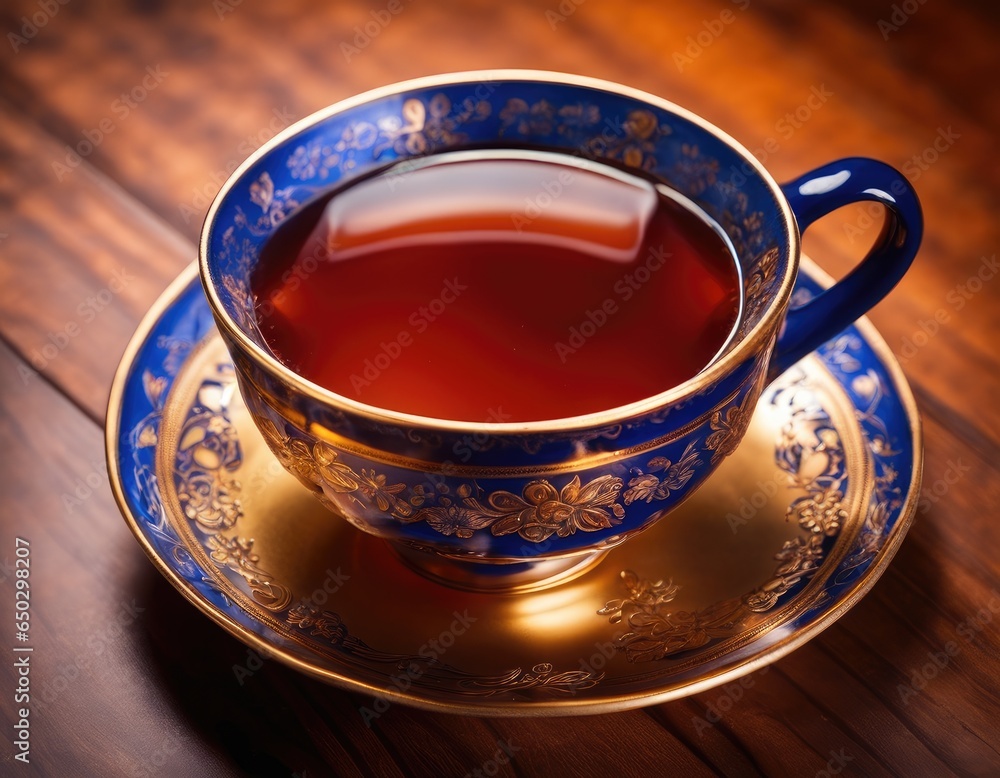 Cobalt blue and gold beautiful traditional cup of hot black tea beverage for tea ceremony on a wooden table for cold season and illnesses in elegant cup Cobalt blue and gold beautiful traditional cup of hot black tea beverage for tea ceremony on a wooden table for cold season and illnesses in elegant cup
