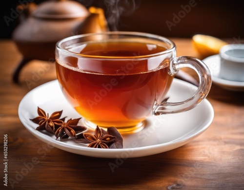 Transparent of black tea with cardamom or anise seeds seeds on white plate with brown Chinese or Japanese traditional teapot behind it