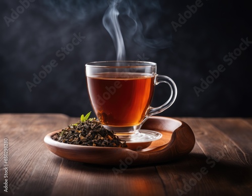 Steaming hot black tea in transparent tea cup with dried black or green Chinese tea leaves on wooden plate