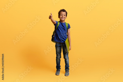 Happy black schoolboy with backpack and exercisebook showing thumb up photo