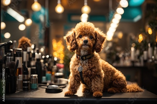 Professional groomer gives cute little poodle dog. ai generative photo