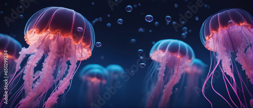 Wide angle photo of beautiful luminous jellyfish floating in the mysterious sea. Breathtaking underwater scene.