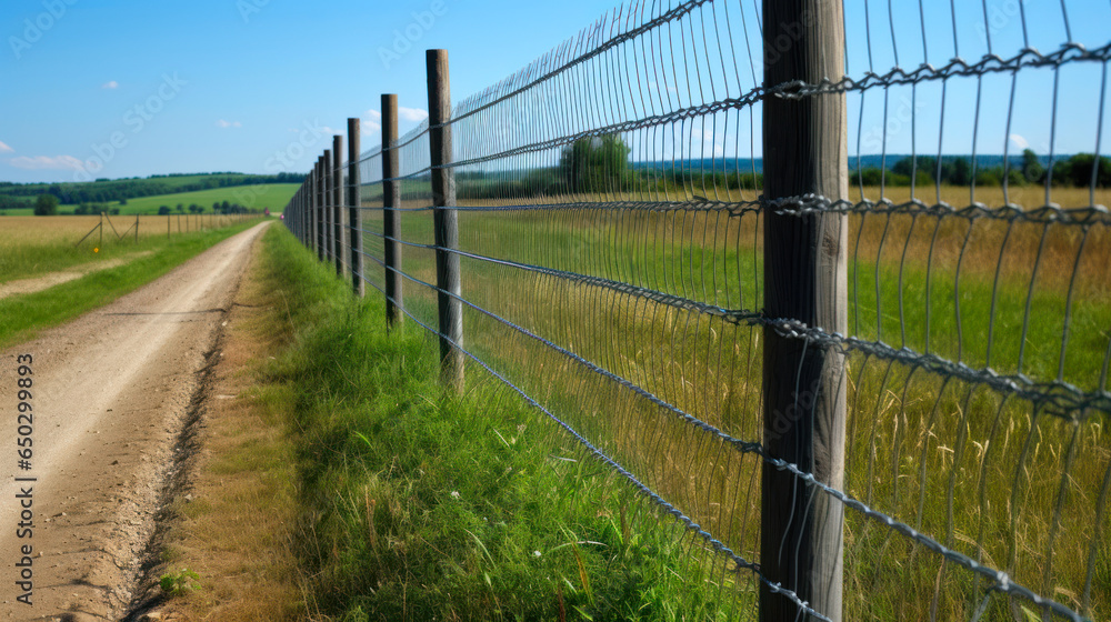 Fence on a country road through the fields and meadows in summer