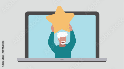 Laptop display with satisfied customer holding up a star