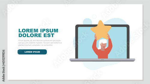Laptop display with satisfied customer holding up a star