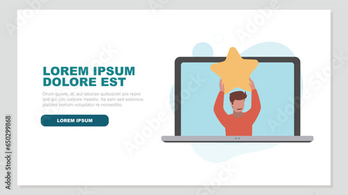 Laptop display with satisfied customer holding up a star