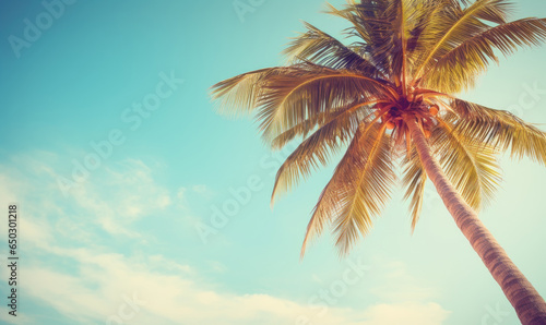 Tropical landscape featuring a prominent palm tree under a vast blue expanse. © Lidok_L