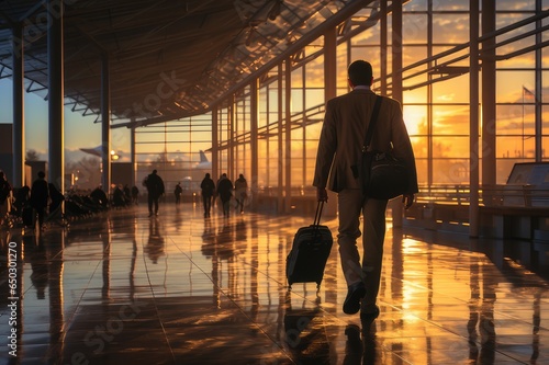 a businessman is carrying a suitcase at the airport
