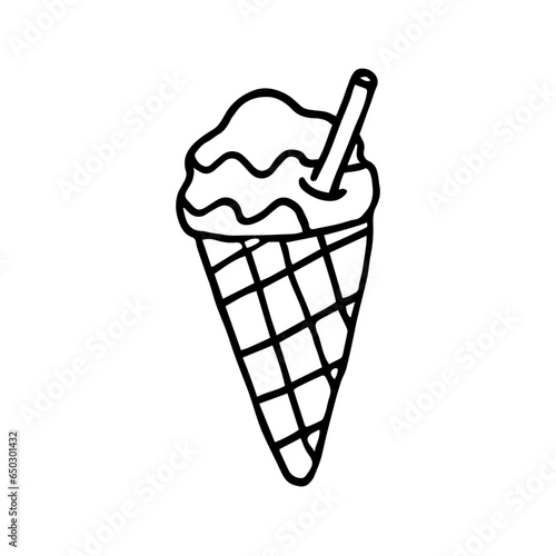 Single hand-drawn ice cream in a waffle cone for greeting cards, posters, recipes, and culinary design. Isolated on a white background. Doodle vector illustration.