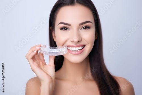 Young woman holding dental aligner